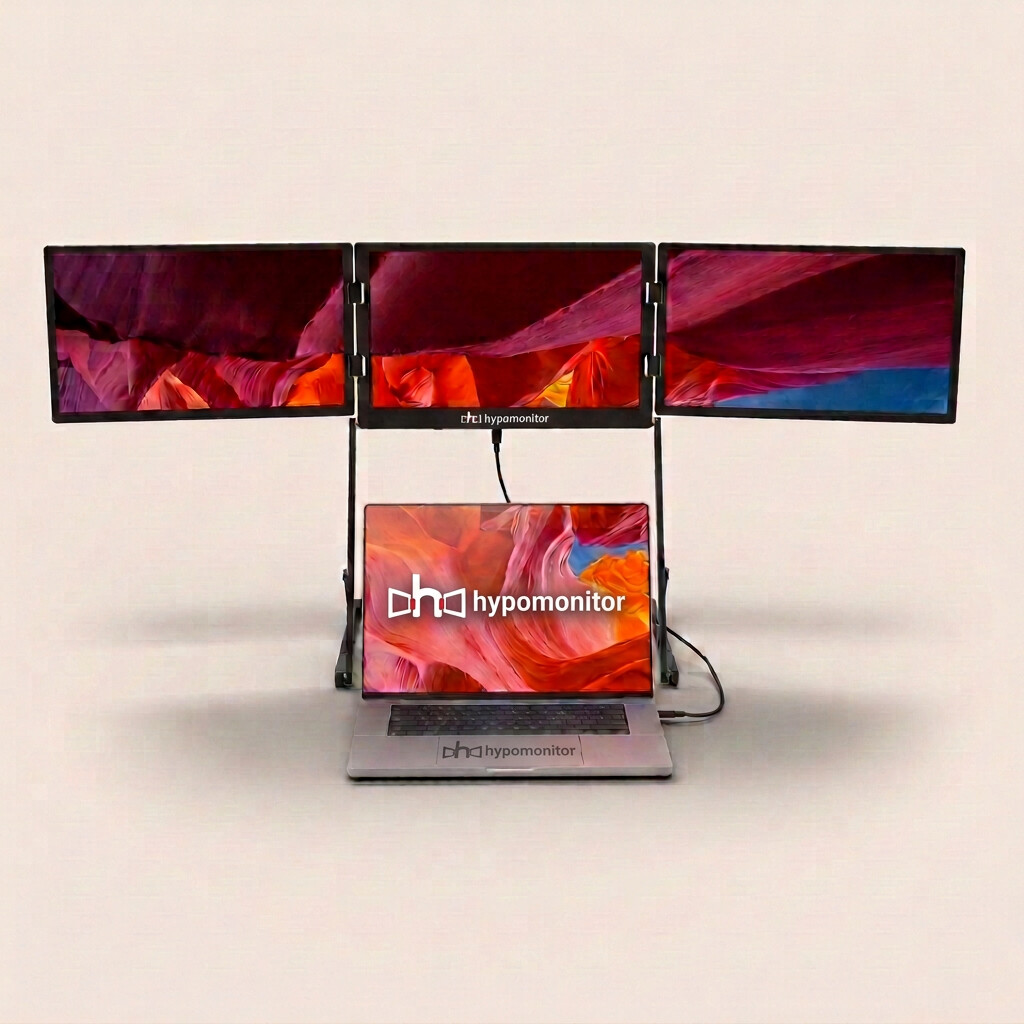 Hypo Triple Monitor with three external displays above a laptop